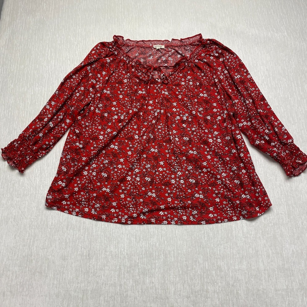 Max Studio Peasant Blouse Womens 2X Red Floral Smocked 3/4 Sleeve Boho Top